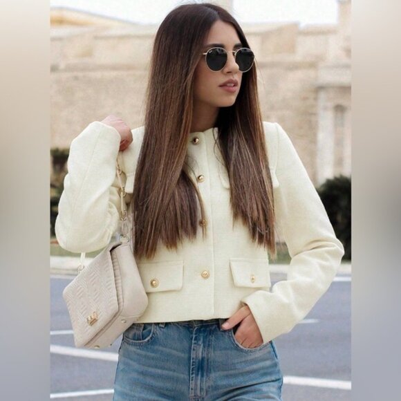 Business casual gold button structured tweed textured jacket gold button cream - Picture 1 of 10